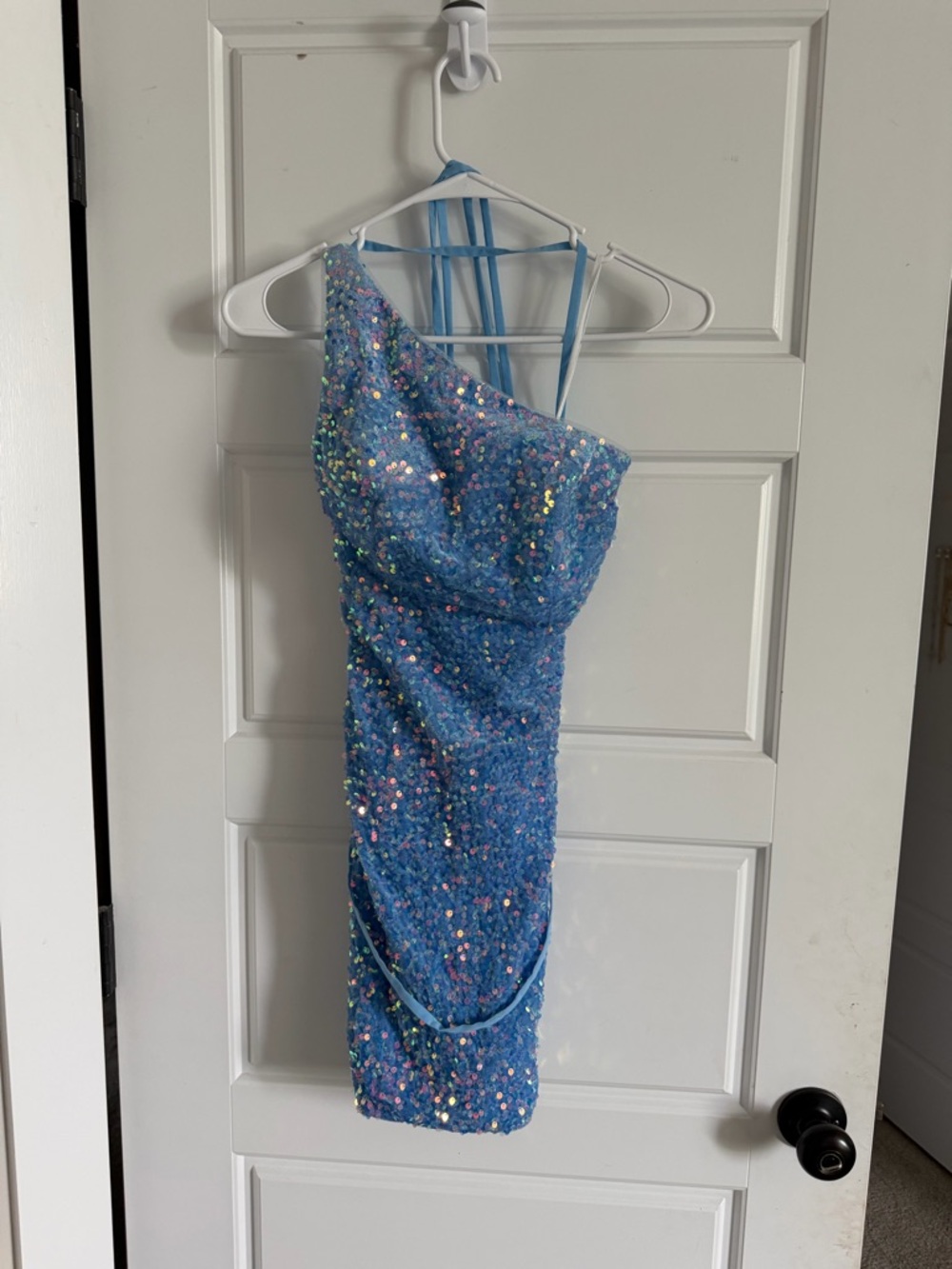 One-Shoulder Blue Sequin Cocktail Dress
